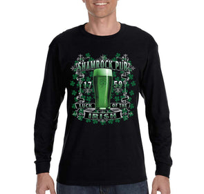 Free Shipping Men's Shamrock Pub Bar Luck Irish Beer Whiskey Shenanigans Party St. Patrick's Day Clover Long Sleeve TShirt