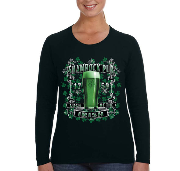 Free Shipping Women's Shamrock Pub Bar Irish Beer Whiskey Shenanigans Party St. Patrick's Day Clover Long Sleeve T-Shirt