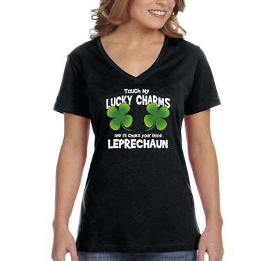 Free Shipping Women's Touch My Lucky Charms Choke Leprechauns Funny Shenanigans Clover Shamrock Irish Beer St. Patrick's Day Short Sleeve V-Neck T-Shirt