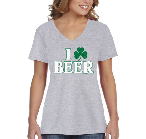 Free Shipping Women's I Love Beer St. Patrick's Day Clover Beer Drinking Celtic Party Funny Shamrock Shenanigans V-Neck T-Shirt