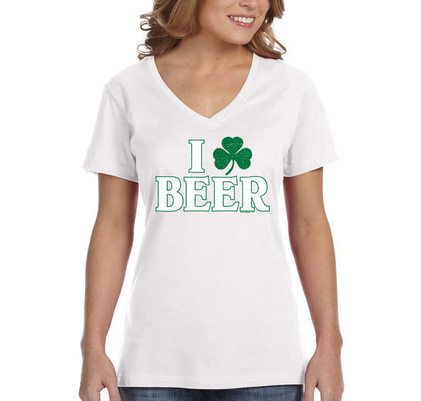 Free Shipping Women's I Love Beer St. Patrick's Day Clover Beer Drinking Celtic Party Funny Shamrock Shenanigans V-Neck T-Shirt