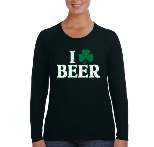 Free Shipping Women's I Love Beer St. Patrick's Day Clover Beer Drinking Celtic Party Funny Shamrock Shenanigans Long Sleeve T-Shirt