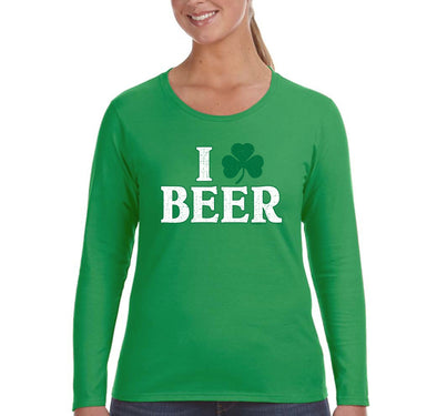 Free Shipping Women's I Love Beer St. Patrick's Day Clover Beer Drinking Celtic Party Funny Shamrock Shenanigans Long Sleeve T-Shirt