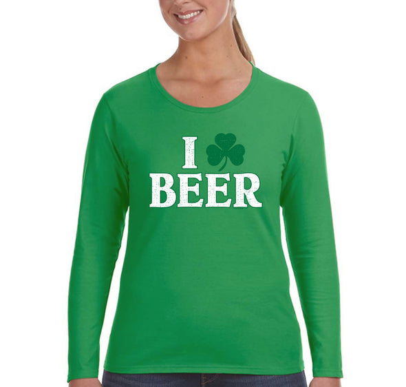 Free Shipping Women's I Love Beer St. Patrick's Day Clover Beer Drinking Celtic Party Funny Shamrock Shenanigans Long Sleeve T-Shirt