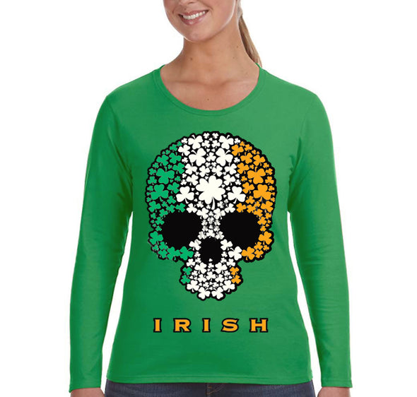 Free Shipping Women's Irish Shamrock Skull Flag St Patrick's Day Drinking Beer Shamrock Funny Party Shenanigans Long Sleeve T-Shirt