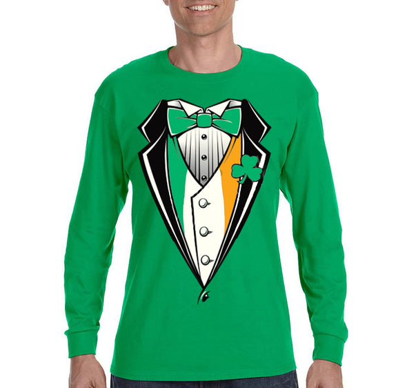 Free Shipping Men's Irish Tuxedo Leprechaun Funny Beer Clover Shamrock Whiskey Party Funny Shenanigans St. Patrick's Day Long Sleeve T-Shirt