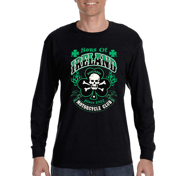 Free Shipping Mens' Sons of Ireland Irish Biker Motorcycle Celtic Clover Shenanigans St. Patrick's Day Long Sleeve T-Shirt