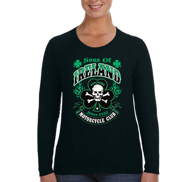 Free Shipping Women's Sons of Ireland Irish Biker Motorcycle Celtic Clover Shenanigans St. Patrick's Day Long Sleeve T-Shirt