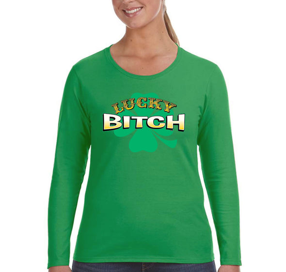 Free Shipping Women's Lucky Bitch Shamrock Leprechaun Bar Beer Whiskey Party Clover Shenanigans Irish St. Patrick's Day Long Sleeve T-Shirt