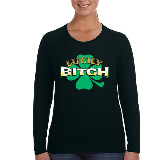 Free Shipping Women's Lucky Bitch Shamrock Leprechaun Bar Beer Whiskey Party Clover Shenanigans Irish St. Patrick's Day Long Sleeve T-Shirt