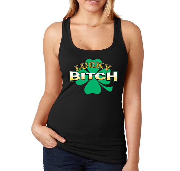 Free Shipping Women's Lucky Bitch Shamrock Leprechaun Whiskey Party Funny Clover Shenanigans Irish St. Patrick's Day Long Racer-Back Tank Top