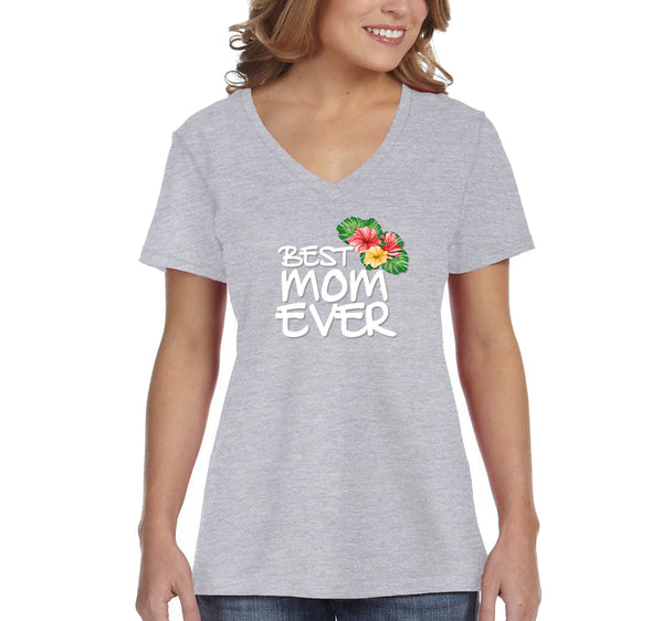 Free Shipping Women's Best Mom Ever Flowers Mother's Day V-Neck Short Sleeve T-Shirt Birthday Gift Spring Aunt Nana Mother Grandma Tee