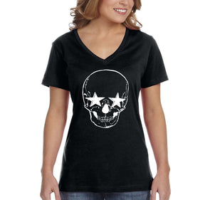 XtraFly Apparel Women's Halloween Skeleton Head Stars  Party Fall Trick or Treat Gift V-neck T-shirt