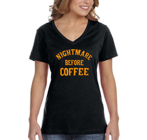 XtraFly Apparel Women's Halloween Nightmare Before Coffee Party Fall Trick or Treat Gift V-neck T-shirt