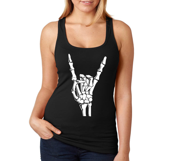 XtraFly Apparel Women's Halloween Skeleton Devil Horn Rock Party Fall Trick or Treat Gift Racerback T-shirt Black