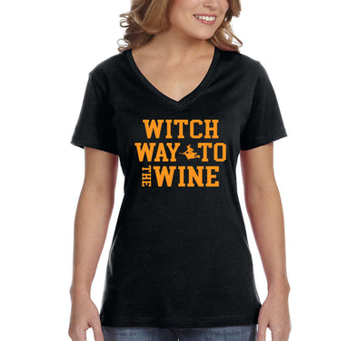 XtraFly Apparel Women's Halloween Witch Way to the Wine Party Fall Trick or Treat Gift V-neck T-shirt