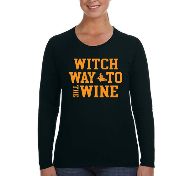 XtraFly Apparel Women's Tee Halloween Witch Way to the Wine Fun Party Vampire Gift Longsleeve T-Shirt