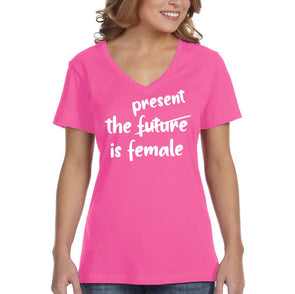 XtraFly Apparel Women&#39;s Present is Female Feminist President Kamala Harris AOC RBG Hillary Clinton Obama Warren Malala V-neck T-shirt