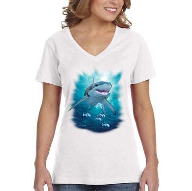 XtraFly Apparel Women&#39;s Great White Shark Swimming Fish Fishing Ocean Sea Fisherman Diving Boating Saltwater Beach V-neck T-shirt