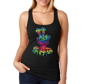 XtraFly Apparel Women&#39;s Neon Mushrooms Hand Portal MD Rave Dance Hippie Desert DJ Music Racerback