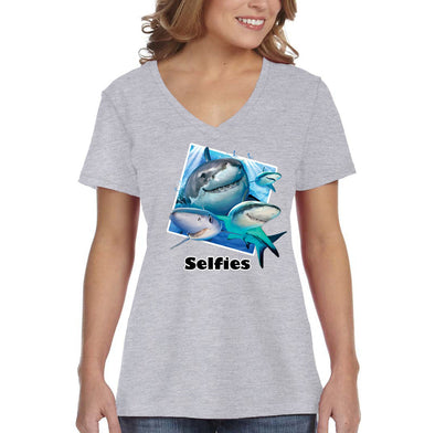 XtraFly Apparel Women&#39;s Shark Selfies Great White Tiger Hammer Head Mako Blue Fish Fishing Ocean Sea Swimming Fisherman Beach V-neck T-shirt