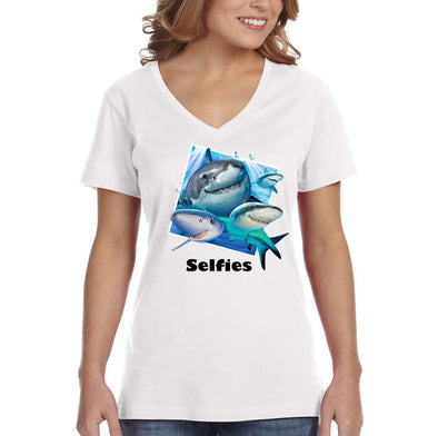 XtraFly Apparel Women&#39;s Shark Selfies Great White Tiger Hammer Head Mako Blue Fish Fishing Ocean Sea Swimming Fisherman Beach V-neck T-shirt