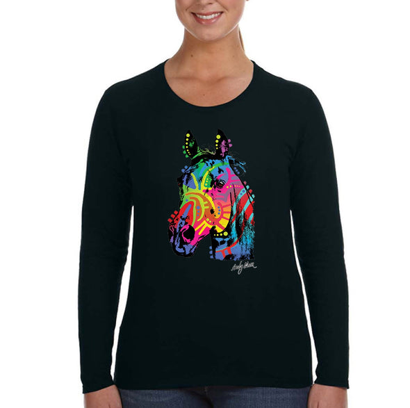 XtraFly Apparel Women&#39;s Neon Horse Mustang Pony Wild Animal Cowboy Cowgirl Horseback Riding Stable Race Pet Ranch Tribal Long Sleeve T-Shirt