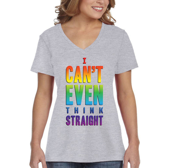 XtraFly Apparel Women&#39;s Can&#39;t Think Straight LGBTQ Queer Gay Pride Flag Rainbow Bisexual Lesbian Pansexual Transgender Ally V-neck T-shirt