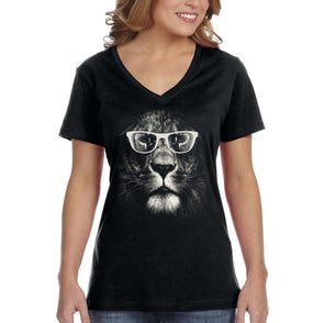 XtraFly Apparel Women&#39;s Lion Glasses Wild Animal Zoo Jungle Tiger Wildlife Africa African Cat Safari Nerd Geek V-neck T-shirt