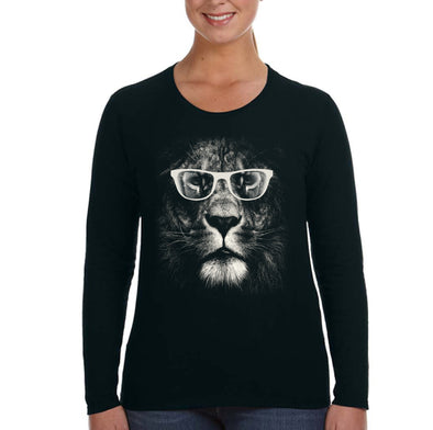 XtraFly Apparel Women&#39;s Lion Glasses Wild Animal Zoo Jungle Tiger Wildlife Africa African Cat Safari Nerd Geek Long Sleeve T-Shirt