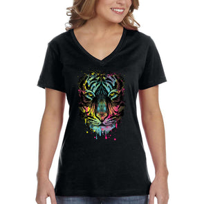 XtraFly Apparel Women&#39;s Neon Tiger Animal Wild Jungle Zoo Lion V-neck T-shirt