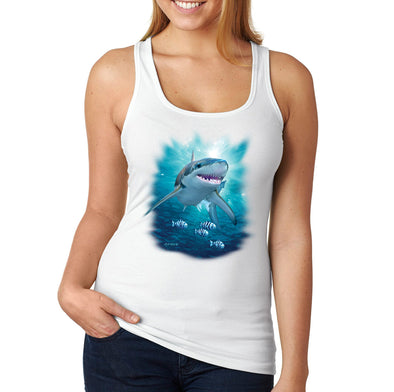 XtraFly Apparel Women&#39;s Great White Shark Swimming Fish Fishing Ocean Sea Fisherman Diving Boating Saltwater Beach Racerback