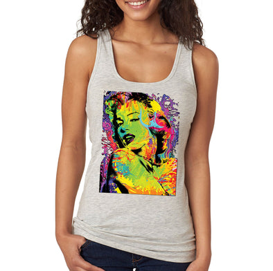 XtraFly Apparel Women&#39;s Neon Marilyn Monroe Sexy Pin Up Vintage Blonde Bombshell Beauty Tie Dye Racerback