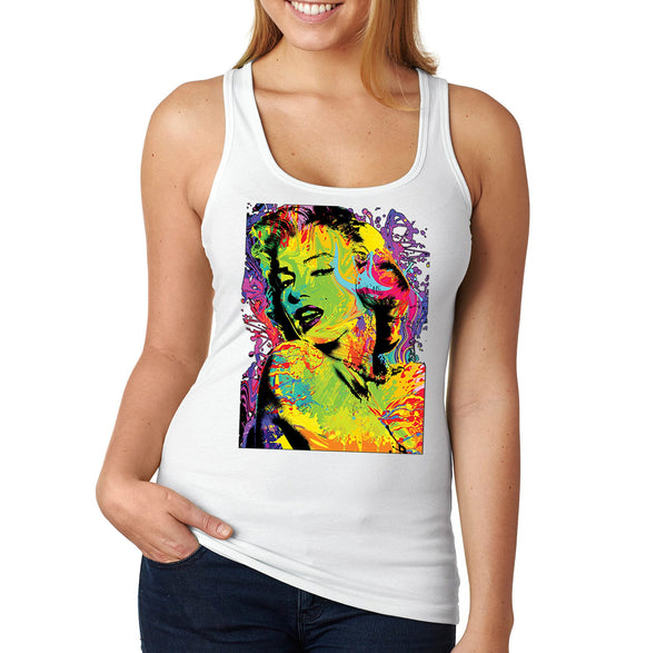 XtraFly Apparel Women&#39;s Neon Marilyn Monroe Sexy Pin Up Vintage Blonde Bombshell Beauty Tie Dye Racerback