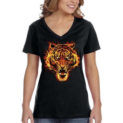 XtraFly Apparel Women&#39;s Flaming Tiger Wild Animal Zoo Safari Wildlife Jungle Fire Flames Africa African Lion V-neck T-shirt