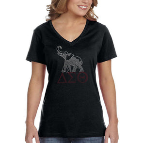 XtraFly Apparel Women&#39;s Alpha Omega Theta Elephant Sequin Rhinestone Animal Greek Life Beta Sorority Fraternity Frat Party V-neck T-shirt