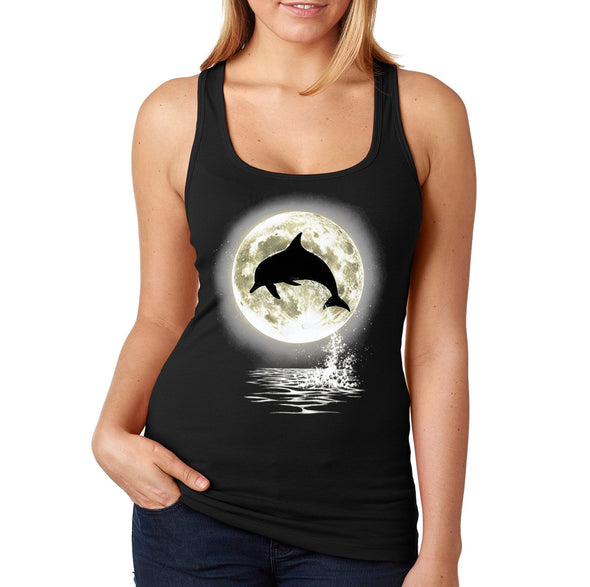 XtraFly Apparel Women&#39;s Dolphin Moon Silhouette Pod Ocean Waves Beach Surf Surfing Fish Fishing Sailing Boating Diving Shark Swim Racerback