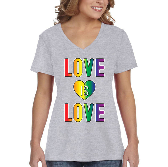 XtraFly Apparel Women&#39;s Love is Love LGBTQ Queer Gay AF Pride Flag Rainbow Bisexual Lesbian Pansexual Transgender Ally V-neck T-shirt