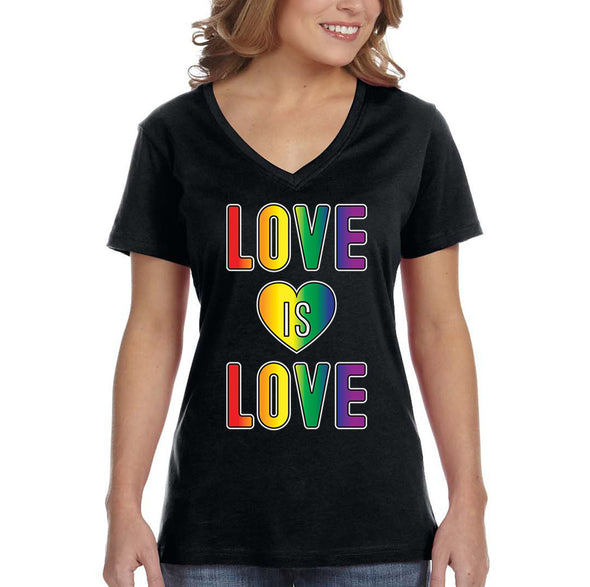 XtraFly Apparel Women&#39;s Love is Love LGBTQ Queer Gay AF Pride Flag Rainbow Bisexual Lesbian Pansexual Transgender Ally V-neck T-shirt