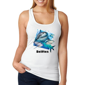 XtraFly Apparel Women&#39;s Shark Selfies Great White Tiger Hammer Head Mako Blue Fish Fishing Ocean Sea Swimming Fisherman Beach Racerback