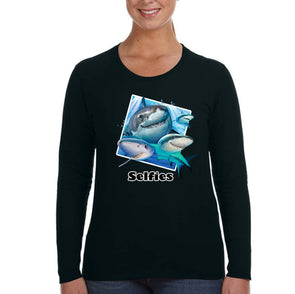 XtraFly Apparel Women&#39;s Shark Selfies Great White Tiger Hammer Head Mako Blue Fish Fishing Ocean Sea Swimming Fisherman Long Sleeve T-Shirt