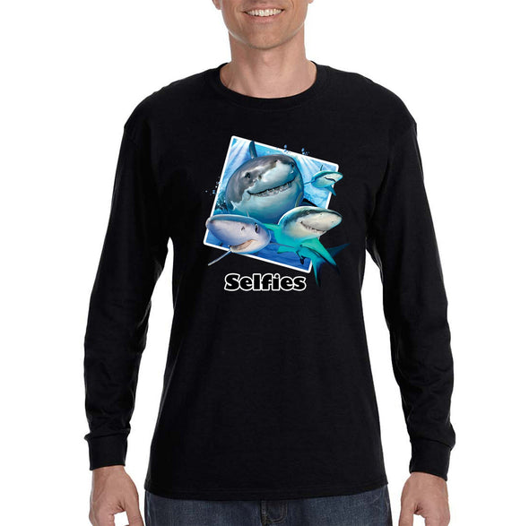 XtraFly Apparel Men&#39;s Shark Selfies Great White Tiger Hammer Head Mako Blue Fish Fishing Ocean Sea Swimming Fisherman Long Sleeve T-Shirt