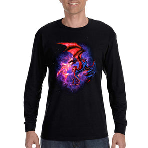 XtraFly Apparel Men&#39;s Space Dragon Galaxy Mythical Animal Flames Flaming Fire Mars Moon Alien Rocket Ship UFO Reptile Long Sleeve T-Shirt