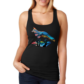 XtraFly Apparel Women&#39;s Wolf Silhouette Pack Sunrise Sunset Lake River Mountain Nature Wild Animal Wildlife Forest Zoo Coyote Racerback