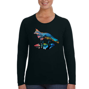 XtraFly Apparel Women&#39;s Wolf Silhouette Pack Sunrise Sunset Lake Mountain Nature Wild Animal Wildlife Forest Zoo Coyote Long Sleeve T-Shirt