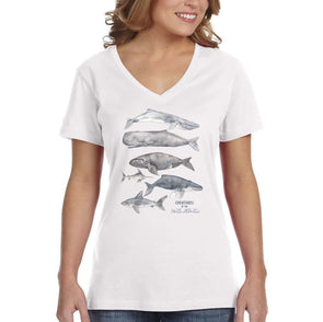 XtraFly Apparel Women&#39;s Creatures of North Atlantic Humpback Whale Blue Orca Sperm Fin Beluga Nantucket Diving Boating Fish V-neck T-shirt