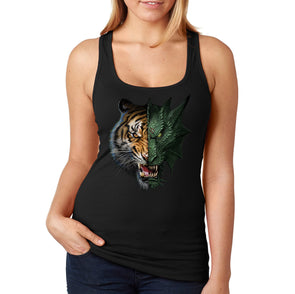 XtraFly Apparel Women&#39;s Half Dragon Tiger Wild Animal Wildlife Safari Africa African Zoo Mythical Reptile Lion Racerback