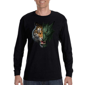 XtraFly Apparel Men&#39;s Half Dragon Tiger Wild Animal Wildlife Safari Africa African Zoo Mythical Reptile Lion Long Sleeve T-Shirt