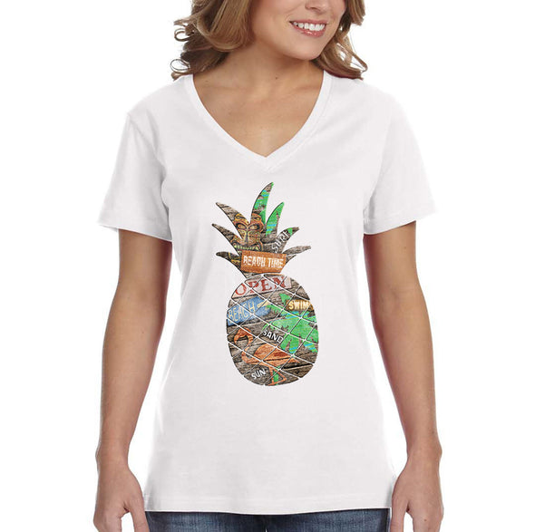 XtraFly Apparel Women&#39;s Beach Pineapple Tropical Vacation Tiki Flamingo Palm Tree Hawaii Hawaiian Summer Surf Surfing Ocean V-neck T-shirt