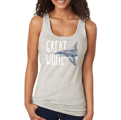 XtraFly Apparel Women&#39;s Great White Shark Fish Fishing Hammer Head Mako Blue Tiger Bull Swim Swimming Surfing Beach Ocean Sea Racerback